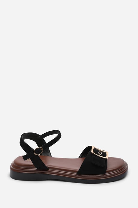 Where's That From Womens Coastal Front Buckle Flatform Black Suede Sandal - Image 2