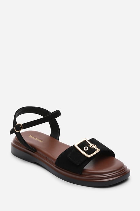 Where's That From Womens Coastal Front Buckle Flatform Black Suede Sandal - Image 3
