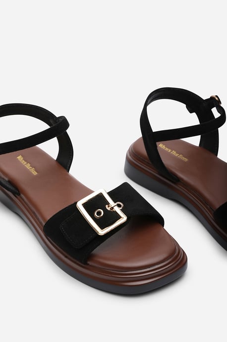 Where's That From Womens Coastal Front Buckle Flatform Black Suede Sandal - Image 5