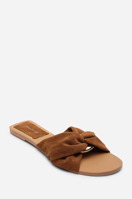 Where's That From Womens Lavina Knot Detail Cognac Suede Slide On Sandal - Image 3