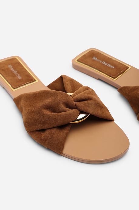 Where's That From Womens Lavina Knot Detail Cognac Suede Slide On Sandal - Image 5