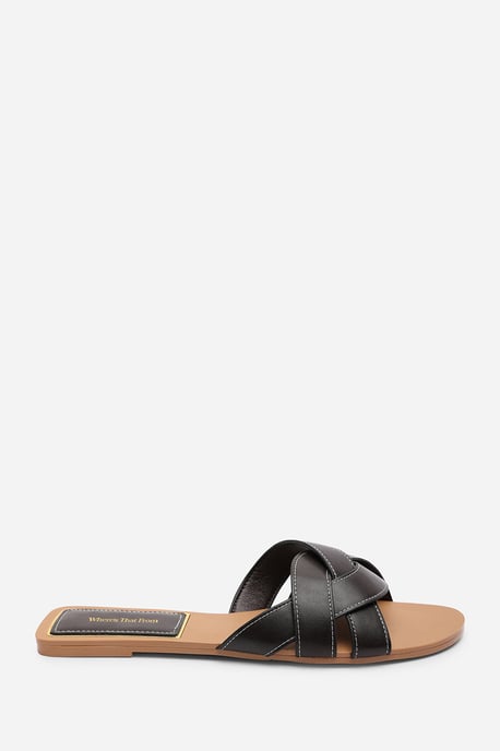 Where's That From Womens Elvira Braided Dark Brown Slide On Sandals With Contrast Stitching - Image 2