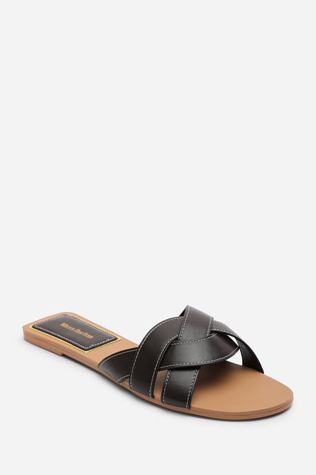 Where's That From Womens Elvira Braided Dark Brown Slide On Sandals With Contrast Stitching - Image 3