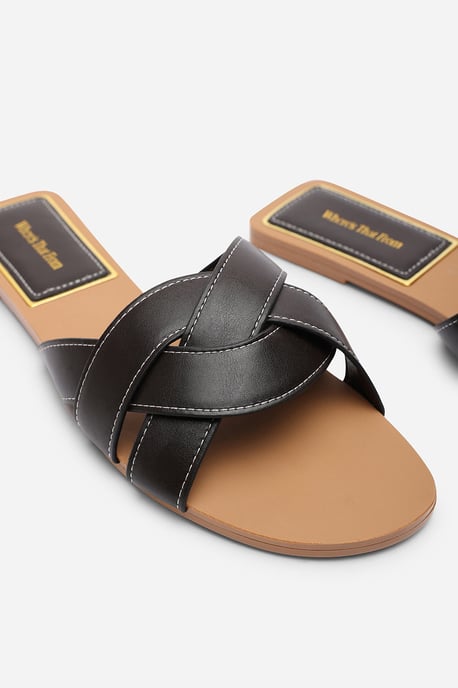Where's That From Womens Elvira Braided Dark Brown Slide On Sandals With Contrast Stitching - Image 5