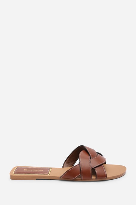 Where's That From Womens Elvira Braided Tan Slide On Sandals With Contrast Stitching - Image 2
