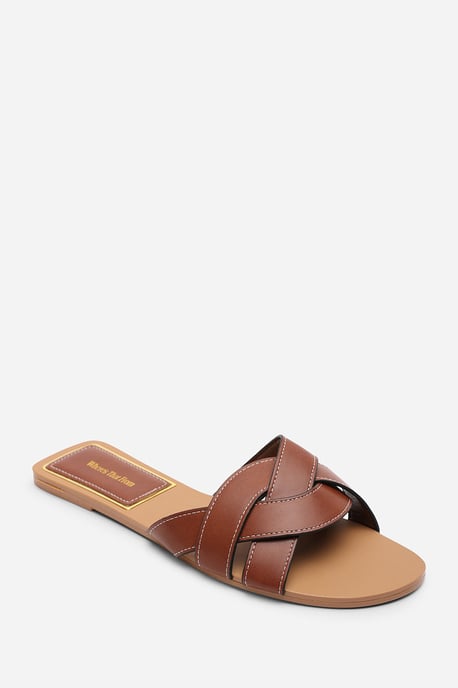 Where's That From Womens Elvira Braided Tan Slide On Sandals With Contrast Stitching - Image 3