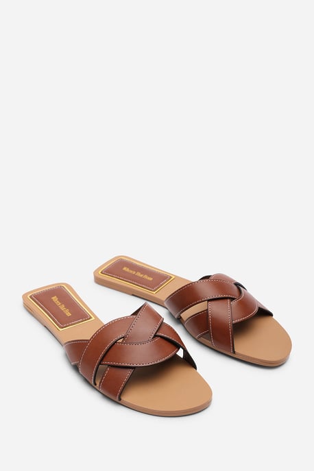 Where's That From Womens Elvira Braided Tan Slide On Sandals With Contrast Stitching - Image 4