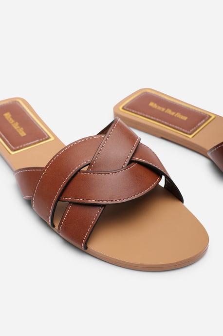 Where's That From Womens Elvira Braided Tan Slide On Sandals With Contrast Stitching - Image 5