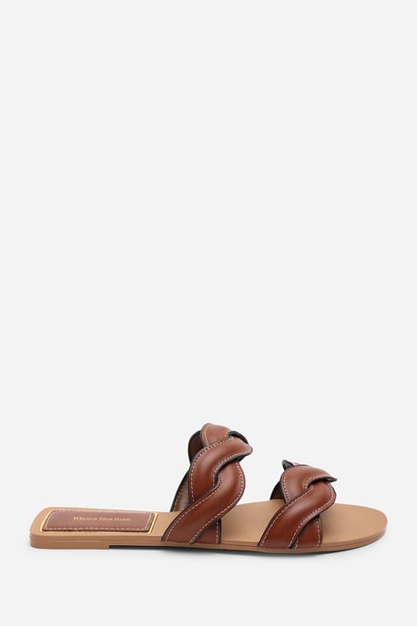 Where's That From Womens Julietta Two Strap Braided Tan Slip on Sandals with Contrast Stitching - Image 2