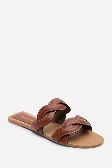 Where's That From Womens Julietta Two Strap Braided Tan Slip on Sandals with Contrast Stitching - Image 3