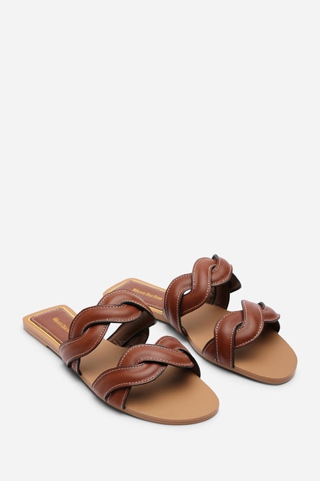 Where's That From Womens Julietta Two Strap Braided Tan Slip on Sandals with Contrast Stitching - Image 4