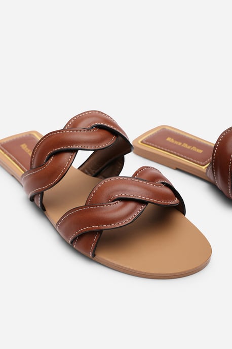 Where's That From Womens Julietta Two Strap Braided Tan Slip on Sandals with Contrast Stitching - Image 5