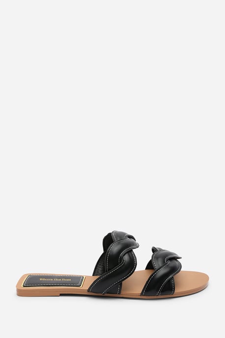 Where's That From Womens Julietta Two Strap Braided Black Slip on Sandals with Contrast Stitching - Image 2