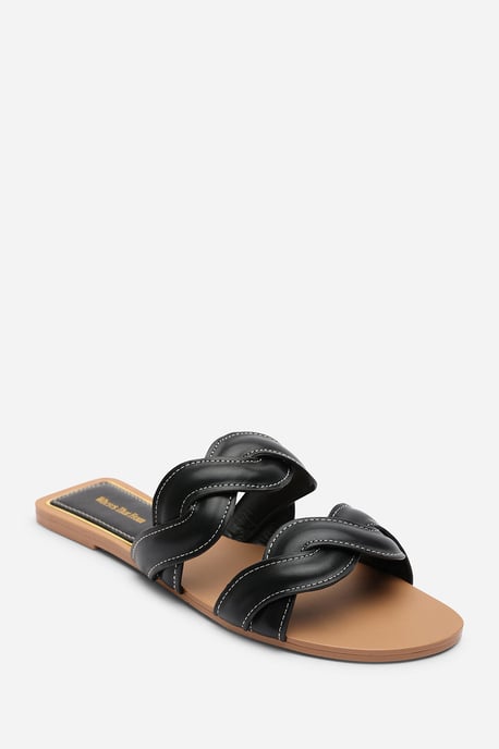 Where's That From Womens Julietta Two Strap Braided Black Slip on Sandals with Contrast Stitching - Image 3