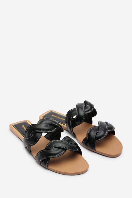 Where's That From Womens Julietta Two Strap Braided Black Slip on Sandals with Contrast Stitching - Image 4