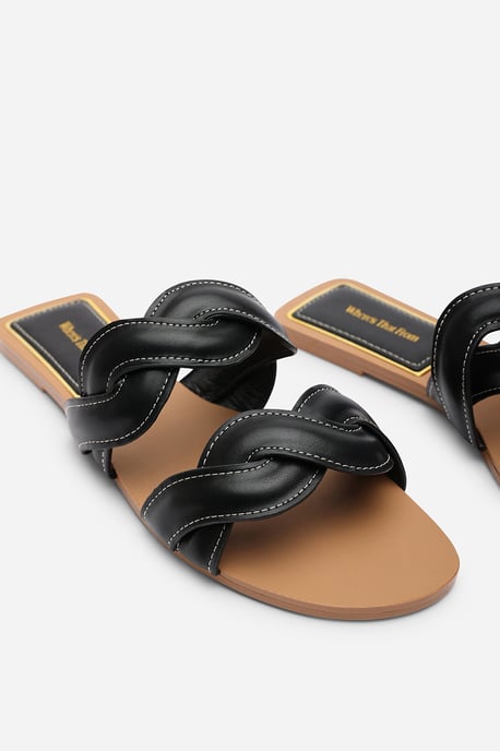 Where's That From Womens Julietta Two Strap Braided Black Slip on Sandals with Contrast Stitching - Image 5