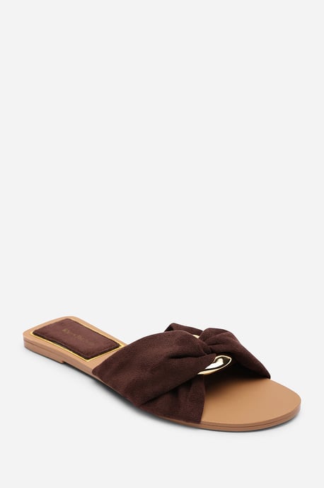 Where's That From Womens Lavina Knot Detail Dark Brown Suede Slide On Sandal - Image 3