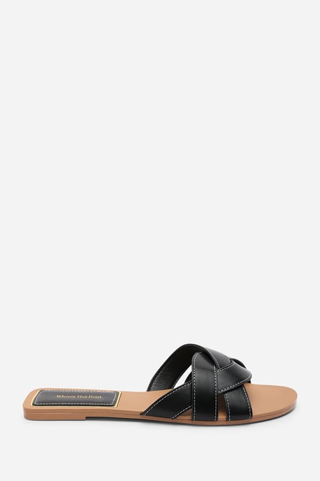 Where's That From Womens Elvira Braided Black Slide On Sandals With Contrast Stitching - Image 2
