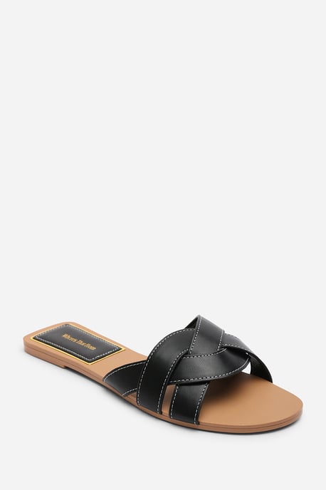 Where's That From Womens Elvira Braided Black Slide On Sandals With Contrast Stitching - Image 3
