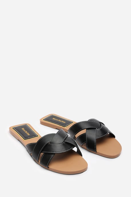 Where's That From Womens Elvira Braided Black Slide On Sandals With Contrast Stitching - Image 4
