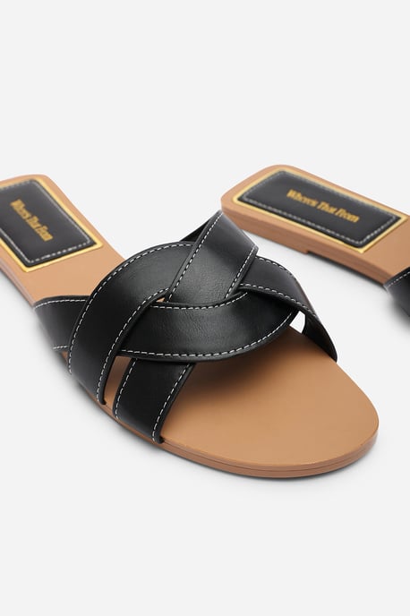 Where's That From Womens Elvira Braided Black Slide On Sandals With Contrast Stitching - Image 5