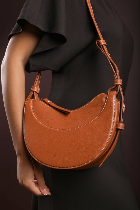 Where's That From Womens 'Envie' Crescent Faux Leather Shoulder Bag in Tan - Image 6