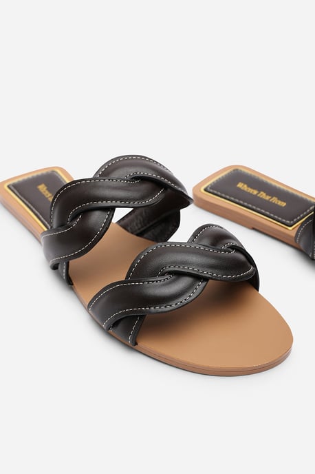 Where's That From Womens 'Julietta Two Strap Braided Dark Brown Slip on Sandals with Contrast Stitching - Image 5