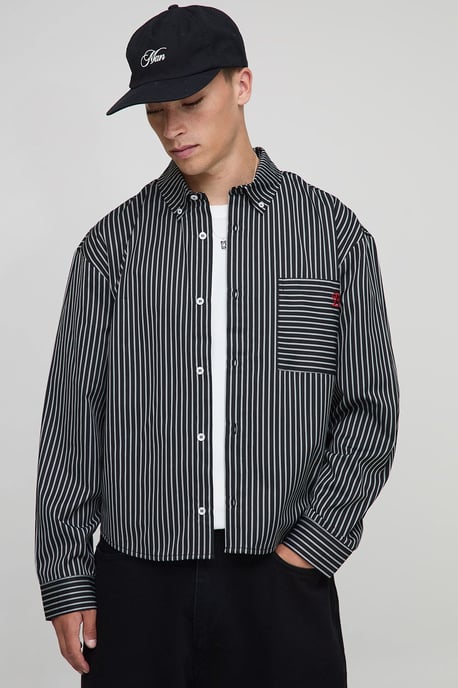 Oversized Boxy Stripe Long Sleeve Curved Hem Shirt - Image 1