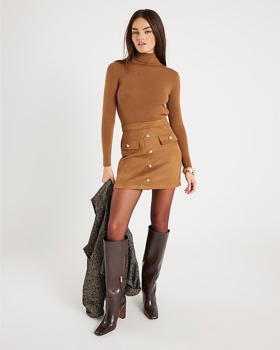 River Island Womens Mini Dress Brown Roll Neck Hybrid Faux Suede - Image 2