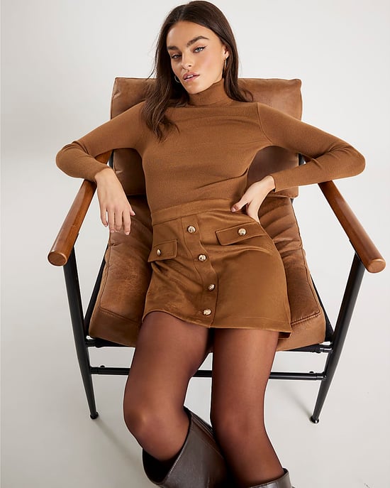River Island Womens Mini Dress Brown Roll Neck Hybrid Faux Suede - Image 4