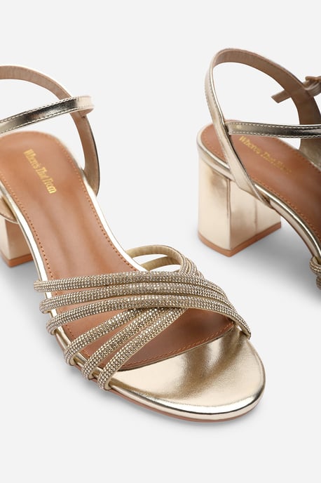 Where's That From Womens Bellini Cross Over Diamante Strap Gold Metallic Block Heel Sandals - Image 5