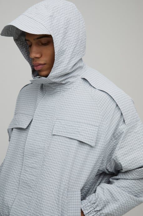 Oversized Boxy Check Funnel Hood Cagoule - Image 3