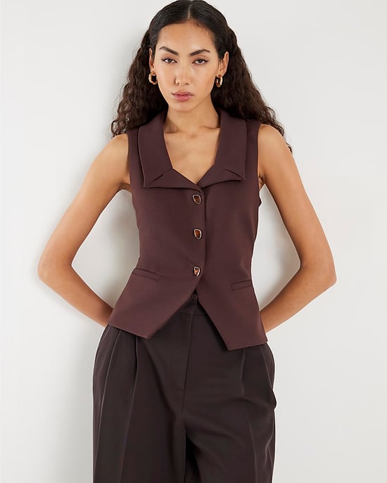 River Island Womens Waistcoat Brown Sleeveless Lapel - Image 1