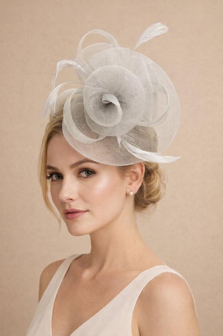 Floral Fascinator with A Wide Base in Light Grey - Image 2