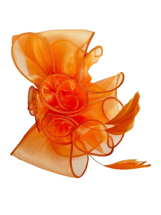 Rose Bouquet with Big Bow & Feather Fascinator in Orange - Image 2