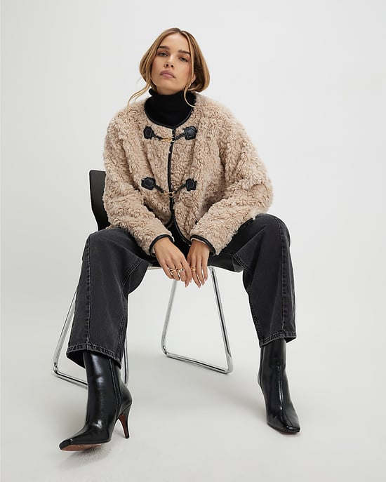 River Island Womens Coat Beige Long Sleeve Tipped Borg Duffle - Image 2