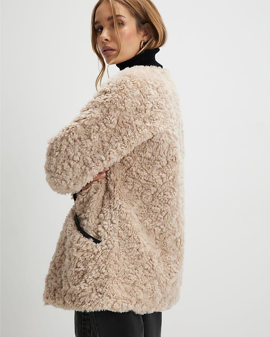 River Island Womens Coat Beige Long Sleeve Tipped Borg Duffle - Image 3