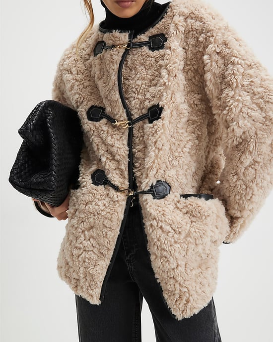 River Island Womens Coat Beige Long Sleeve Tipped Borg Duffle - Image 4