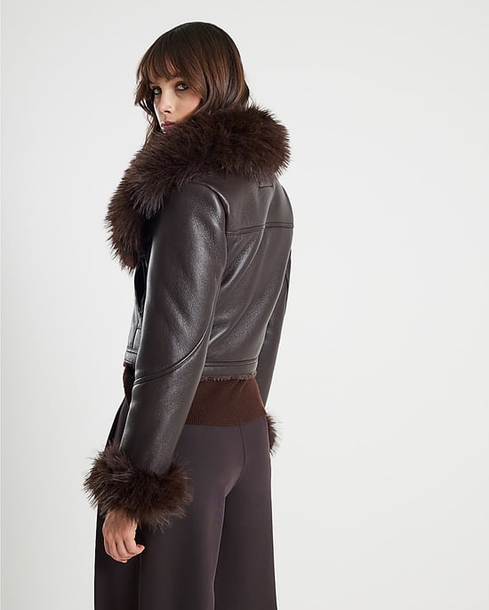 River Island Womens Biker Jacket Brown Faux Fur Collar Cropped - Image 3