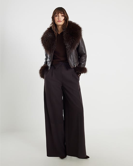 River Island Womens Biker Jacket Brown Faux Fur Collar Cropped - Image 4