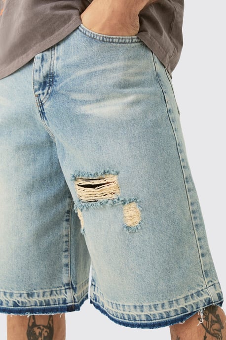 Ripped Denim Jorts In Antique Blue - Image 3