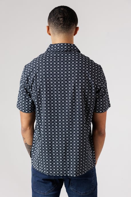 Navy Square Floral Print Short Sleeve Shirt - Image 2