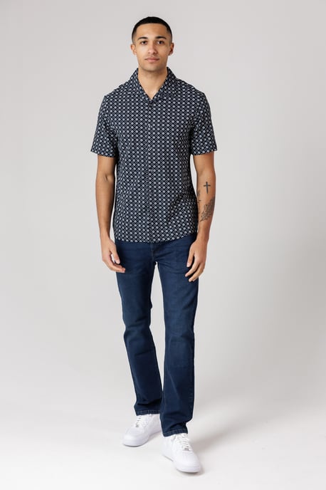 Navy Square Floral Print Short Sleeve Shirt - Image 3