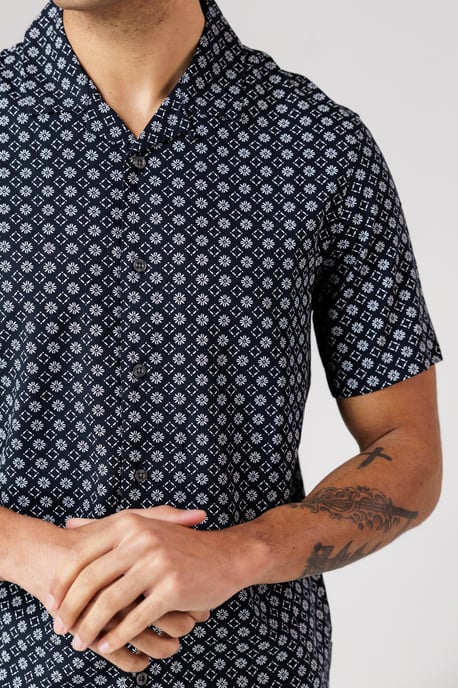 Navy Square Floral Print Short Sleeve Shirt - Image 4