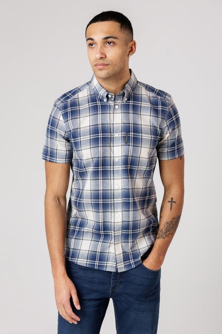 Blue Cotton Short Sleeve Checked Chest Pocket Shirt - Image 4