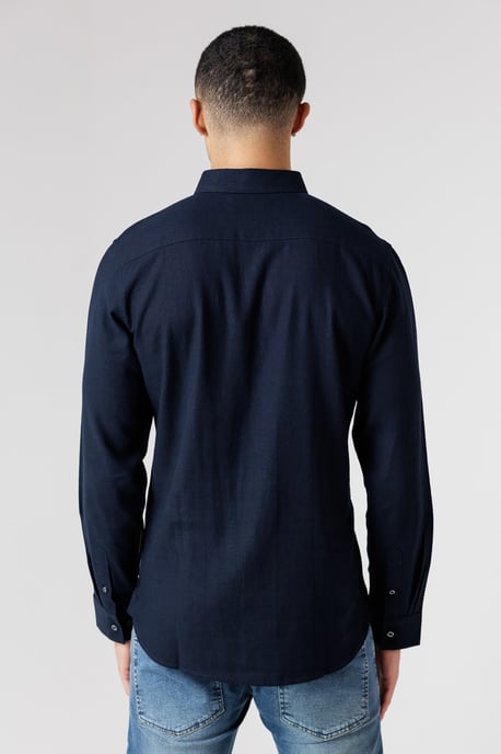 Navy Linen Blend Long Sleeve Chest Pocket Shirt - Image 2