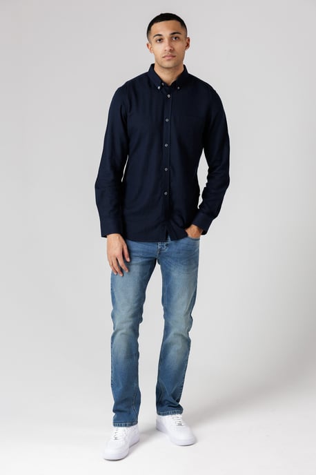 Navy Linen Blend Long Sleeve Chest Pocket Shirt - Image 3