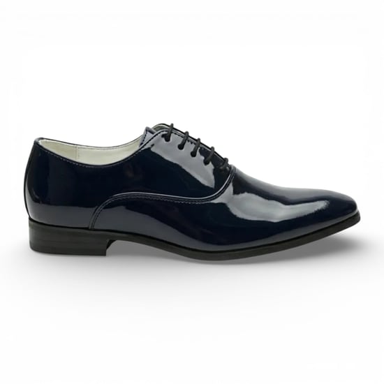 Herrskor i marinblått lack i PU-läder med brogue-detaljer - Image 1