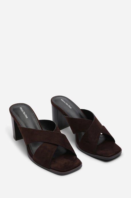 Where's That From Womens Livana Crossover Strap Block Heel Sandal in Dark Brown Suede - Image 4