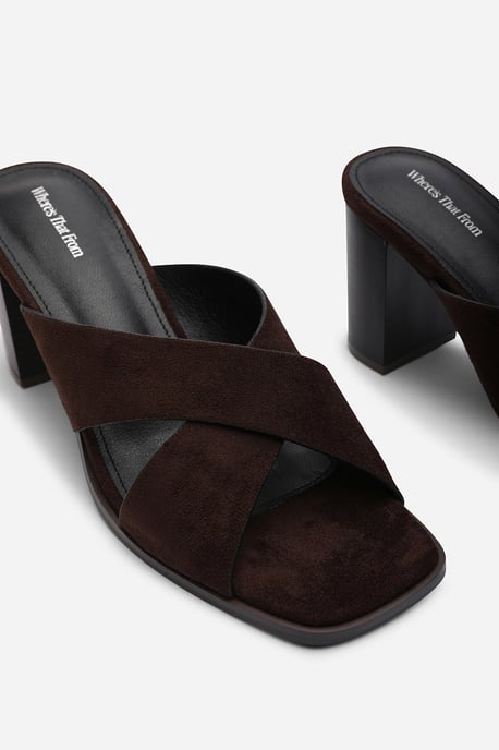 Where's That From Womens Livana Crossover Strap Block Heel Sandal in Dark Brown Suede - Image 5